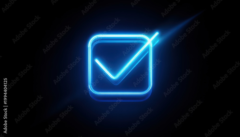 Fototapeta premium Neon blue checkmark icon glowing on black background for success and approval