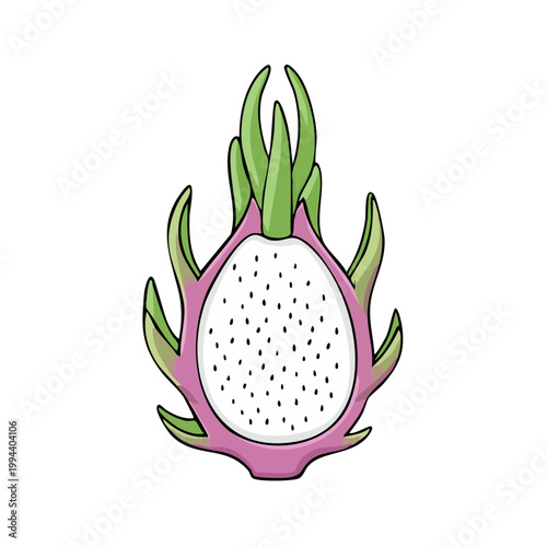 Vibrant cross-section of a pink dragon fruit revealing its white flesh and black seeds with green leafy crown