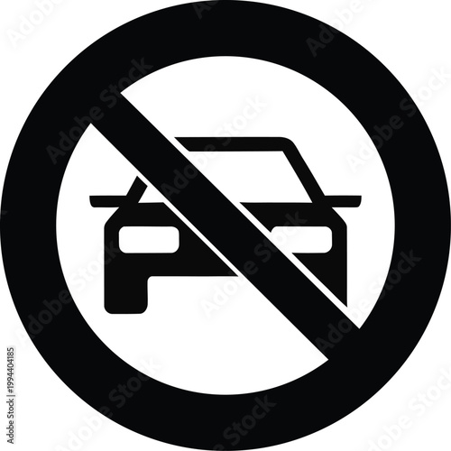 No Cars Allowed Prohibition Sign Vector Illustration with Vehicle Silhouette Crossed Out in Red Circle.eps