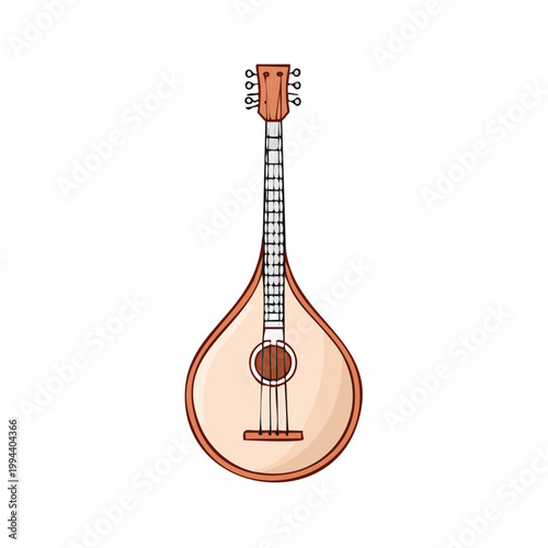 Traditional Greek Bouzouki stringed musical instrument with pear shaped body and fretted neck