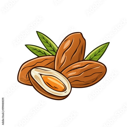 Illustration of ripe almonds with green leaves, one almond sliced in half revealing its kernel.