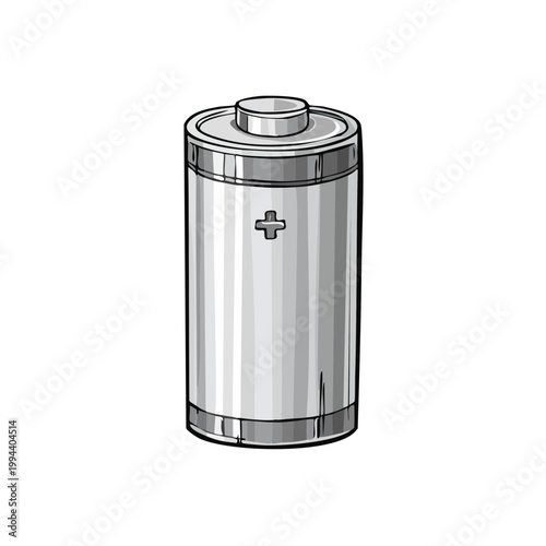 Silver cylindrical battery with plus symbol clean illustration