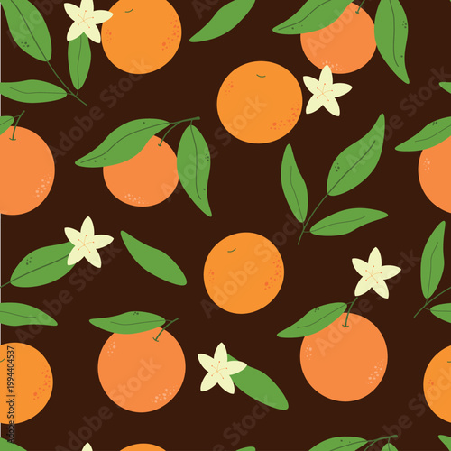Seamless Orange Citrus Pattern with Leaves and Blossoms on the dark background. 