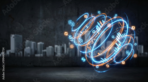 Digital finance investment and risk analysis concept with glowing holographic data sphere showing market trends insurance strategy and business growth over a blurred modern city skyline background.