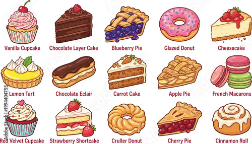 delicious sweet desserts and bakery items with names, flat vector cartoon illustration icons