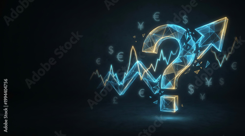 Financial risk and investment analysis concept with digital glowing question mark arrow and currency symbols representing business strategy uncertainty market growth and economic forecasting.