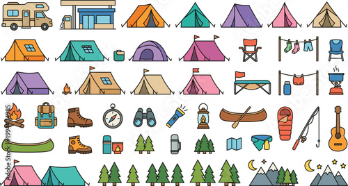 Outdoor camping and hiking adventure equipment vector icon set with tents mountain landscape and tourist gear