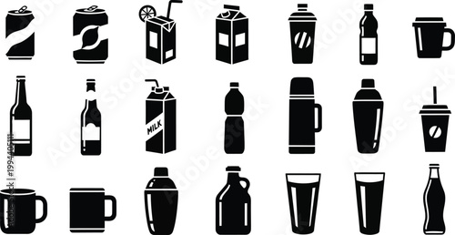 Black and white of various beverage containers drink bottle