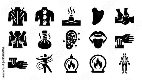 Traditional Chinese Medicine Treatment Silhouette Set – TCM Therapy Methods and Healing Practice Icons