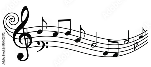 Musical staff with treble and bass clefs and a series of musical notes, a visual representation of music and sound