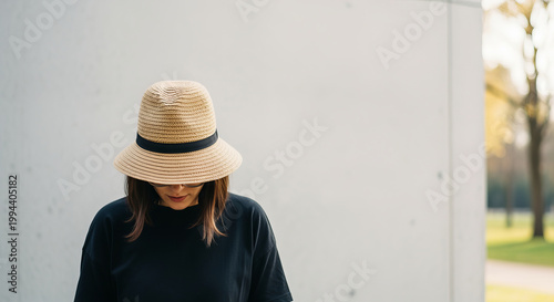 Anonymous fashionable woman in a sunhat concealing her face, enjoying a vibrant city spring day.