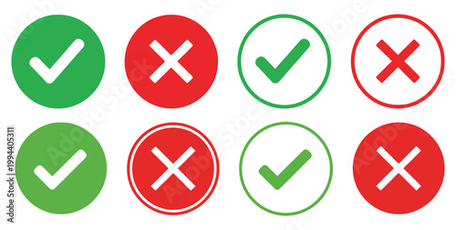 Collection of green checkmark and red cross icons for approval, rejection, correct, and incorrect decisions