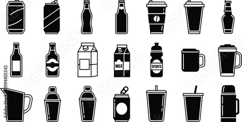 Black and white of various beverage containers drink bottle 1