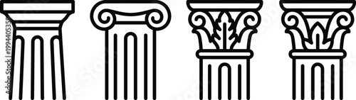 Ancient Greek architectural column orders. Column capitals, Doric, Ionic, and Corinthian styles. 