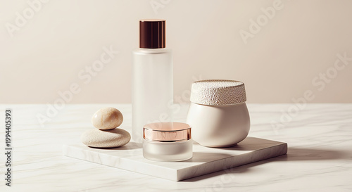Elegant Display of High-End Skincare Products on a Polished Marble Slab for Luxurious Beauty Routine