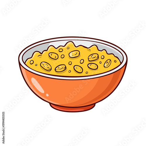 Orange bowl filled with yellow porridge and small yellow pieces of food illustration