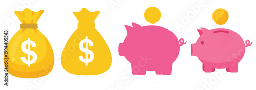 Vibrant collection of money bag and piggy bank icons, symbolizing financial growth, savings, and investment strategies. Essential graphic elements for business, finance, and personal wealth concepts