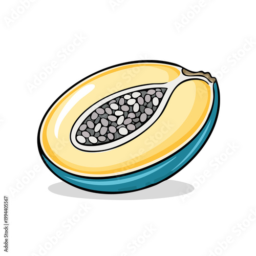Exotic tropical fruit cut in half revealing seeds and flesh with bright yellow and blue colors