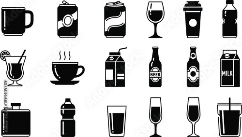 Black and white of various drink containers and glasses drink beverage symbols black and white cups