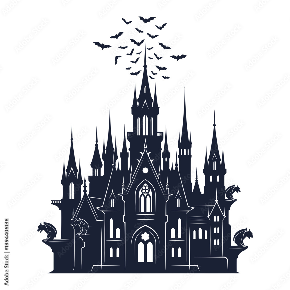 Fototapeta premium Gothic Castle Silhouette with Bats Flying - Spooky Halloween Icon