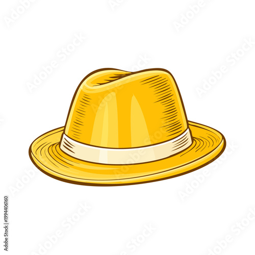 Vibrant yellow fedora hat with a classic design and simple band illustration