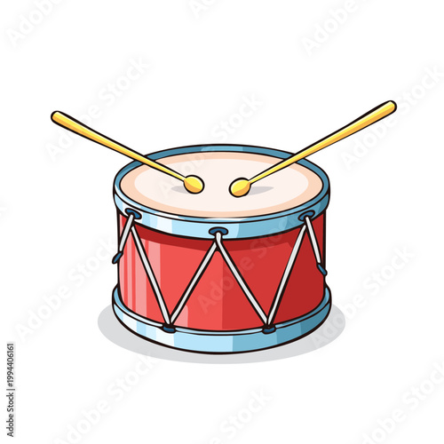 Red toy drum with drumsticks ready for music making and playful rhythm