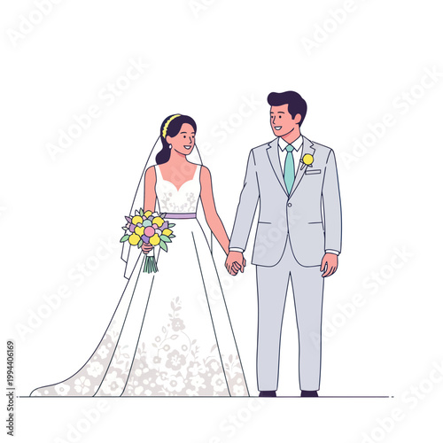 Happy Bride and Groom Holding Hands, Wedding Couple Illustration