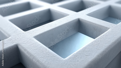 Close-Up View of a Textured Surface with Three-Dimensional Grid Pattern Depicting Geometric Shapes and Shadows in Soft Lighting Environment