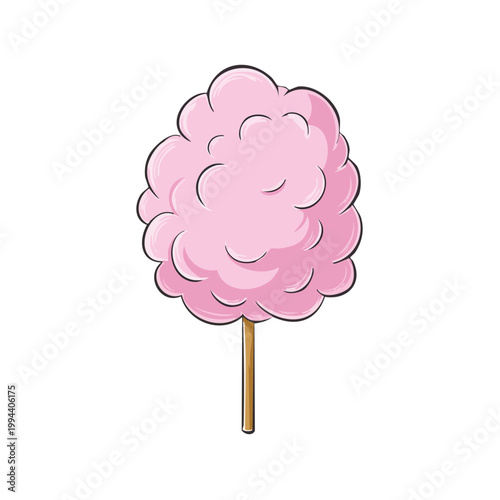 Pink fluffy cotton candy on a wooden stick, cartoon illustration.
