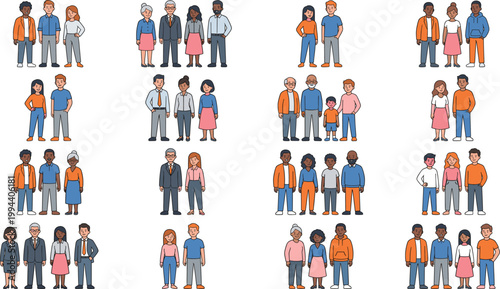 Diverse multiracial people groups and families collection with cartoon characters of different ages and ethnicities vector illustration