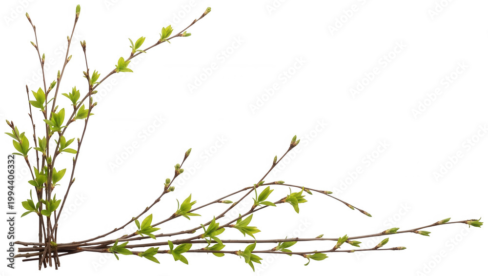 Fototapeta premium Fresh branch png Green leaf cutout Spring twig png New sprout cutout Young shoot png Natural foliage cutout Thin stem png Budding plant cutout Seasonal isolated transparent background image