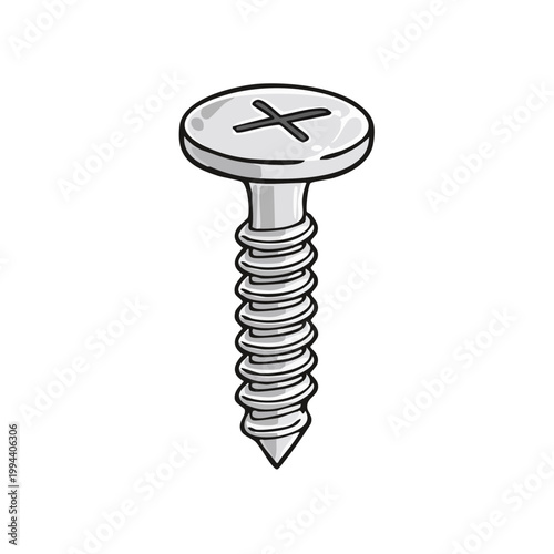 Illustration of a single metal screw with a cross head and helical threads isolated on a white background