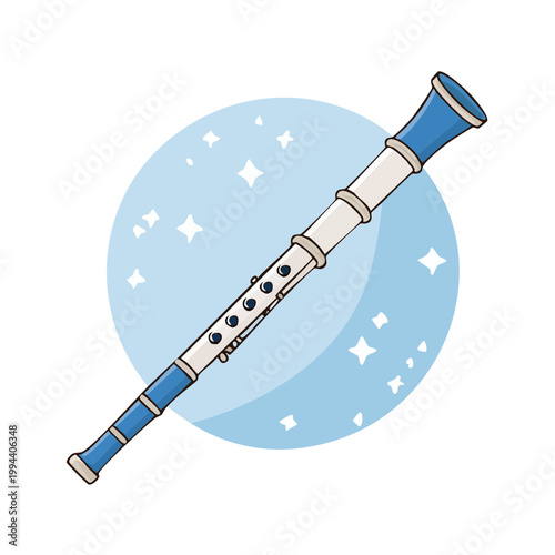 Blue and White Woodwind Musical Instrument with Sparkles and Circle Design