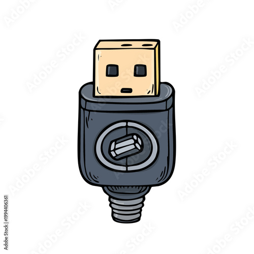 Cartoonish USB connector with a simple face expressing surprise or confusion