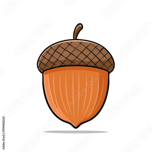 Stylized cartoon acorn with a textured cap and ribbed body in orange and brown against a white background.
