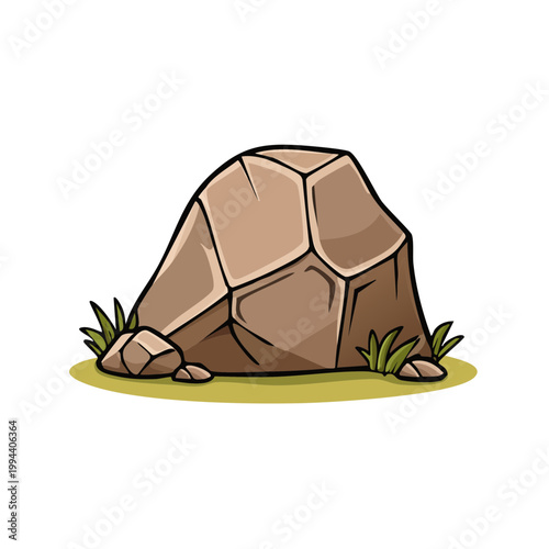 Cartoon large brown rock with grass illustration isolated on white background