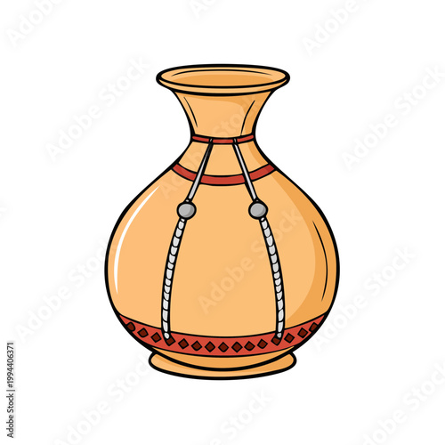 Traditional earthenware vase with decorative patterned band and cord accents