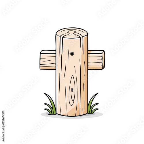 Cartoon wooden post with horizontal brace and grass illustration
