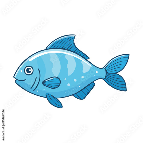 Stylized blue fish with striped body and white dots swims gracefully in clear water
