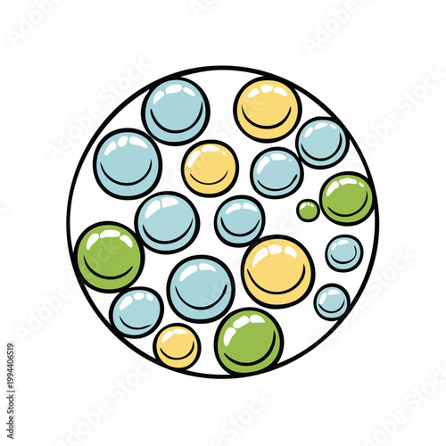 Vibrant abstract pattern of colorful, glossy spheres and bubbles inside a black circle border