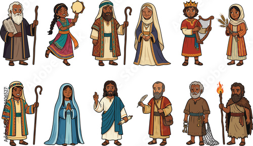 Biblical characters and religious people collection featuring Jesus Mary Moses and apostles vector illustration set
