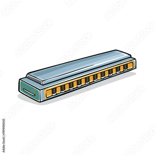 Blue harmonica musical instrument with metal reeds and chrome cover