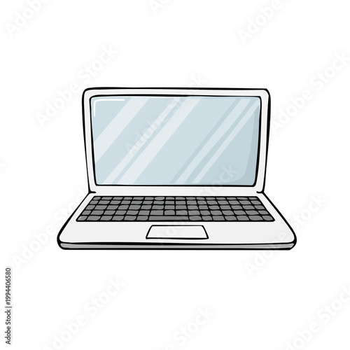 Hand-drawn illustration of an open laptop computer with a reflective screen and keyboard