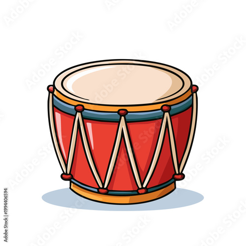 Colorful cartoon toy drum with red body blue and yellow accents and white drum heads