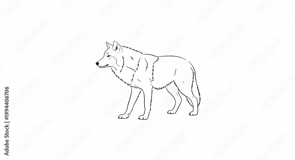 Fototapeta premium Black and white outline drawing of a wolf standing in profile