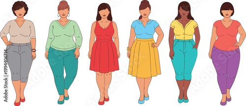 Plus Size Women Collection with Diverse Body Shapes Fashion Outfits and Confident Female Characters Body Positivity Concept Flat Vector Illustration Set.