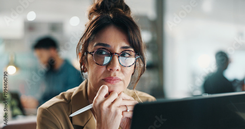 Fotografija Laptop, idea and business woman at work for compliance review, problem solving or think of project