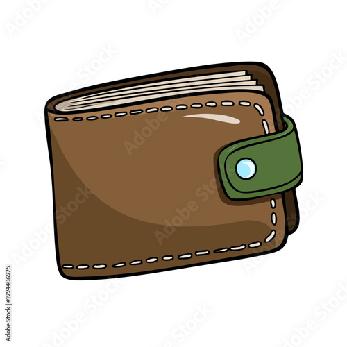 Brown Leather Bi Fold Wallet with Green Snap Closure Cartoon Illustration
