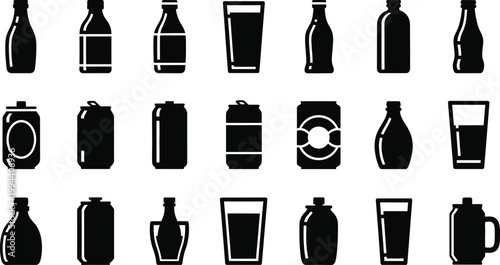 Black silhouettes of various beverage containers and glasses drink bottle