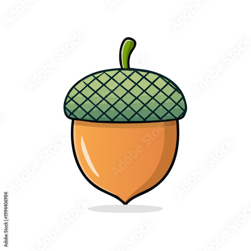 Vibrant Cartoon Acorn with Textured Cap and Stem, Isolated on White